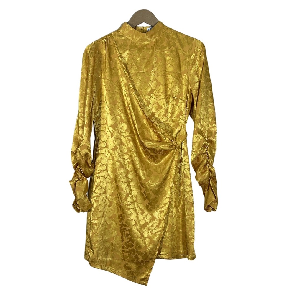 Glamaker Floral Jacquard Wrap Mini Dress Gold Cocktail Ruched Sleeve Size S